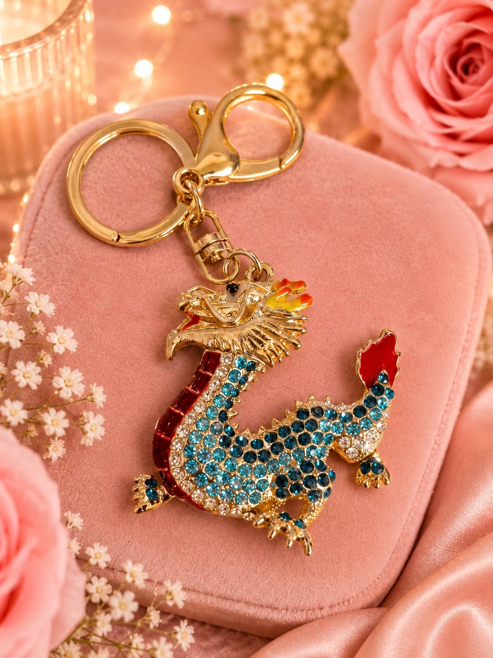 Crystal Dragon Keychain - Blue & Red Gold-Tone Charm